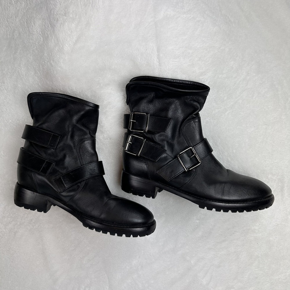 Guiseppi Zanotti Womens Size 5 5.5 Black Leather Biker Boots Buckles EUC
